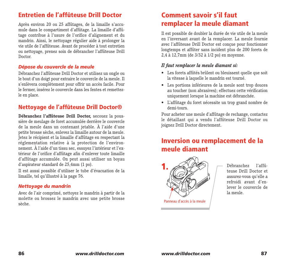 Inversion ou remplacement de la meule diamant, Entretien de l’affûteuse drill doctor | Drill Doctor 750X User Manual | Page 45 / 48