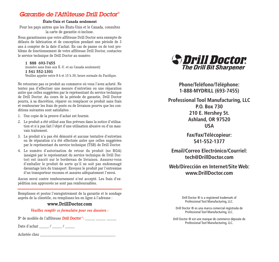 Garantie de l’affûteuse drill doctor | Drill Doctor 750X User Manual | Page 47 / 48