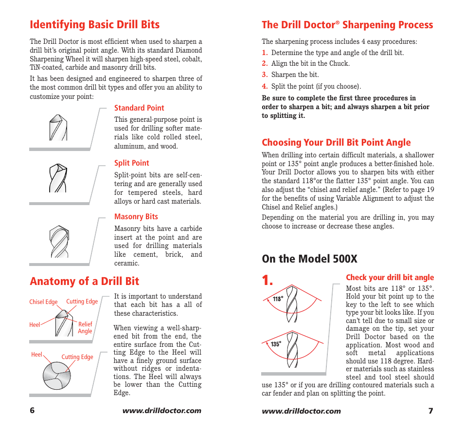 Identifying basic drill bits, Anatomy of a drill bit, On the model 500x | The drill doctor, Sharpening process, Choosing your drill bit point angle | Drill Doctor 750X User Manual | Page 5 / 48