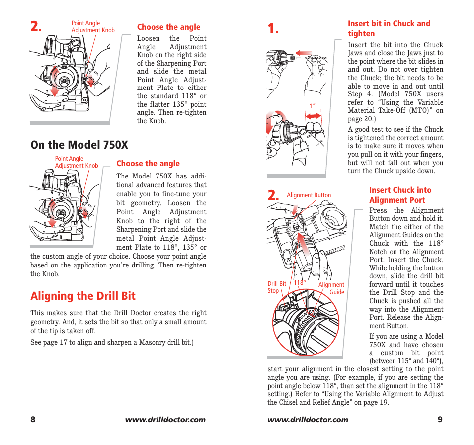 On the model 750x aligning the drill bit | Drill Doctor 750X User Manual | Page 6 / 48