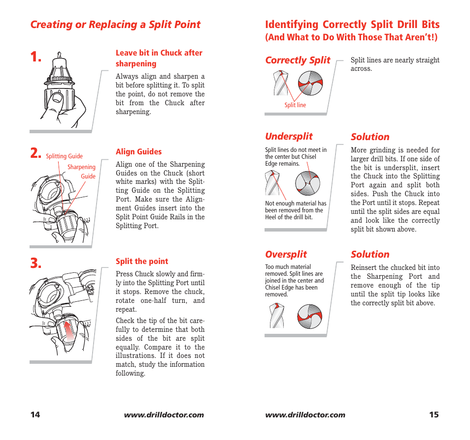 Creating or replacing a split point, Identifying correctly split drill bits | Drill Doctor 750X User Manual | Page 9 / 48