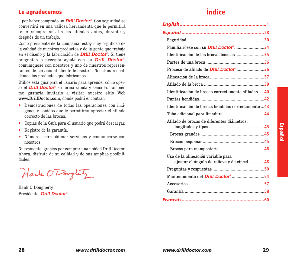 Índice, Le agradecemos, Español | Drill Doctor XP User Manual | Page 16 / 48