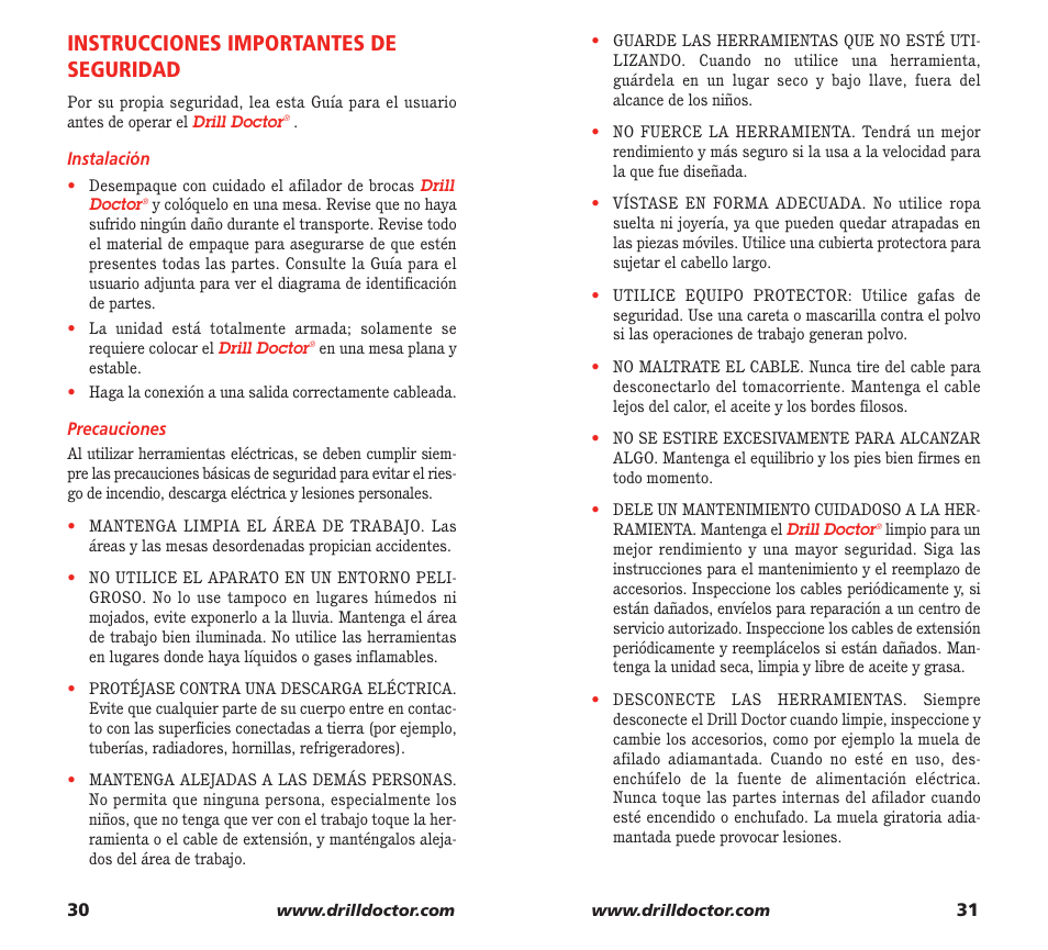 Instrucciones importantes de seguridad | Drill Doctor XP User Manual | Page 17 / 48