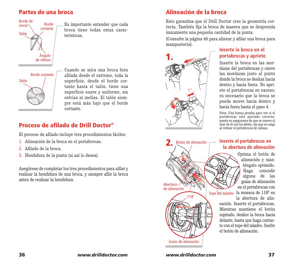 Partes de una broca, Proceso de afilado de drill doctor, Alineación de la broca | Drill Doctor XP User Manual | Page 20 / 48