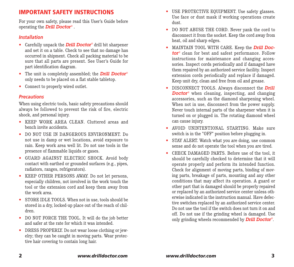 Important safety instructions | Drill Doctor XP User Manual | Page 3 / 48