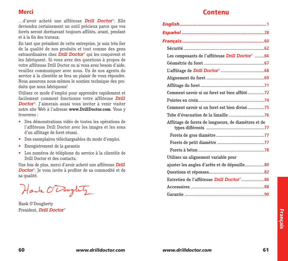 Contenu, Merci, Fr ançais | Drill Doctor XP User Manual | Page 32 / 48