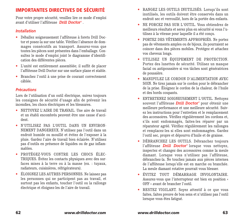 Importantes directives de sécurité | Drill Doctor XP User Manual | Page 33 / 48