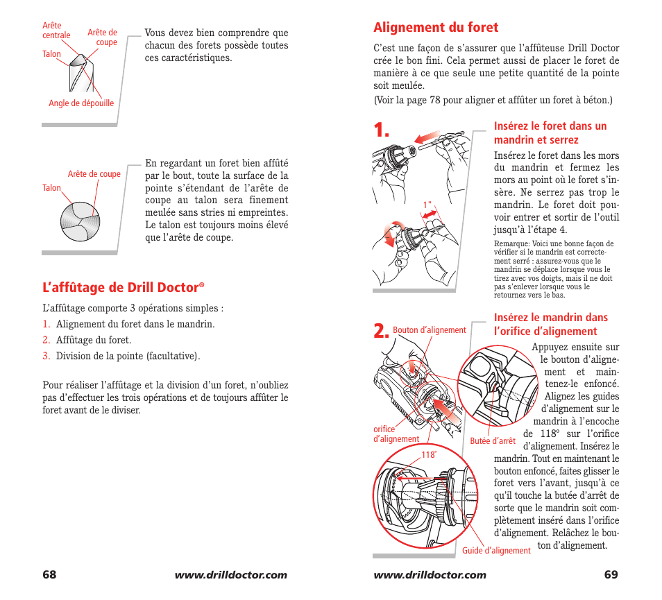 Alignement du foret, L’affûtage de drill doctor | Drill Doctor XP User Manual | Page 36 / 48