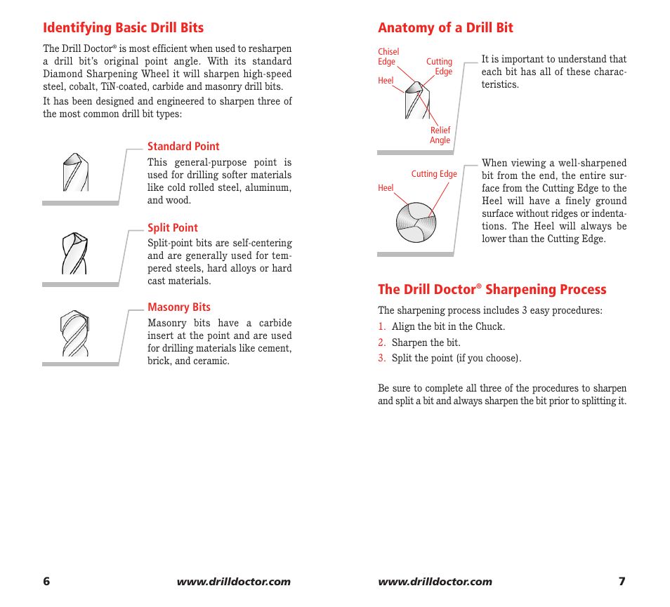 Identifying basic drill bits, Anatomy of a drill bit, The drill doctor | Sharpening process | Drill Doctor XP User Manual | Page 5 / 48