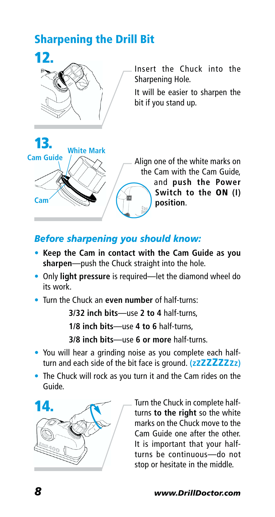 Sharpening the drill bit | Drill Doctor 400 User Manual | Page 10 / 25