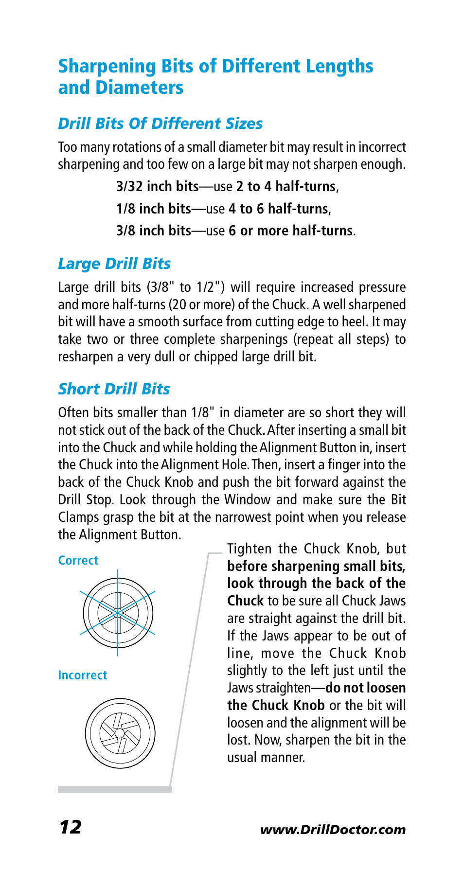 Sharpening bits of different lengths and diameters | Drill Doctor 400 User Manual | Page 14 / 25