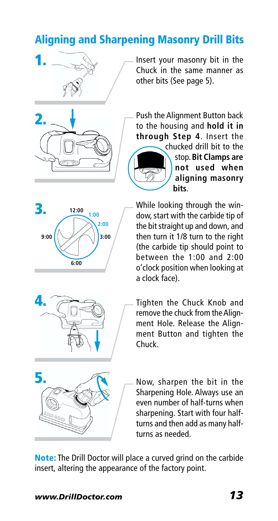 Aligning and sharpening masonry drill bits | Drill Doctor 400 User Manual | Page 15 / 25