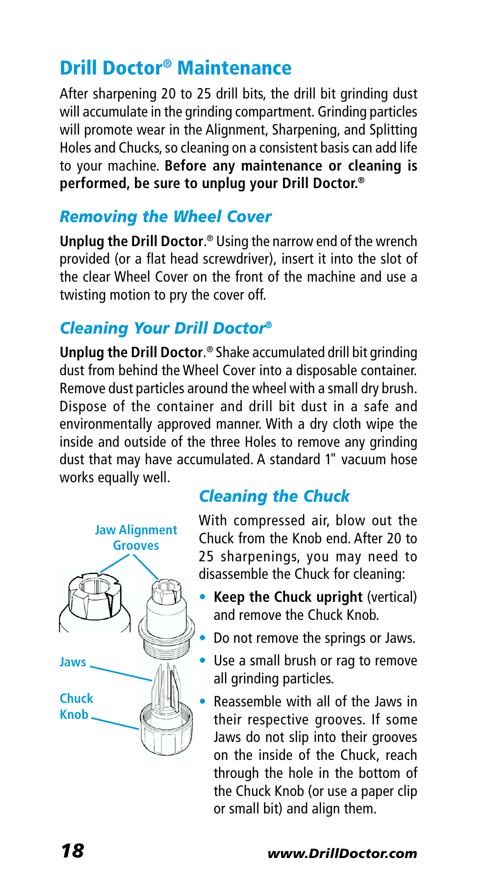 Drill doctor, Maintenance, Removing the wheel cover | Cleaning your drill doctor, Cleaning the chuck | Drill Doctor 400 User Manual | Page 20 / 25