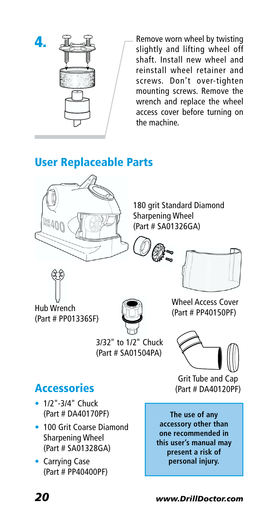 User replaceable parts accessories | Drill Doctor 400 User Manual | Page 22 / 25