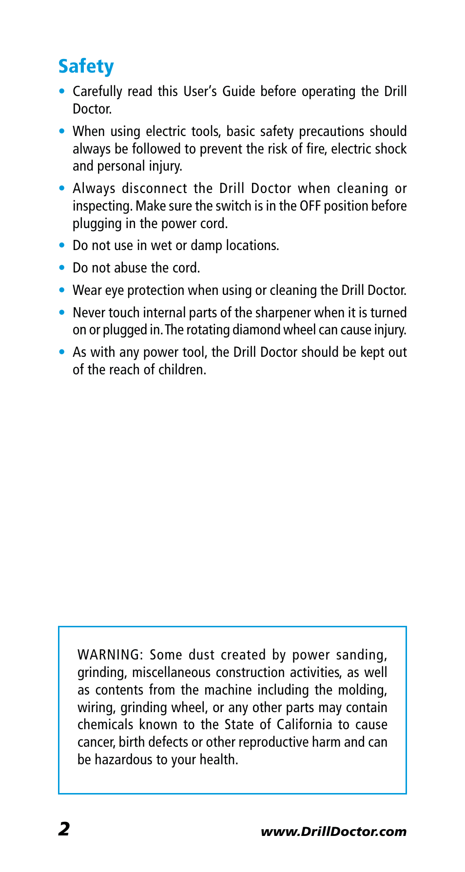 Safety | Drill Doctor 400 User Manual | Page 4 / 25