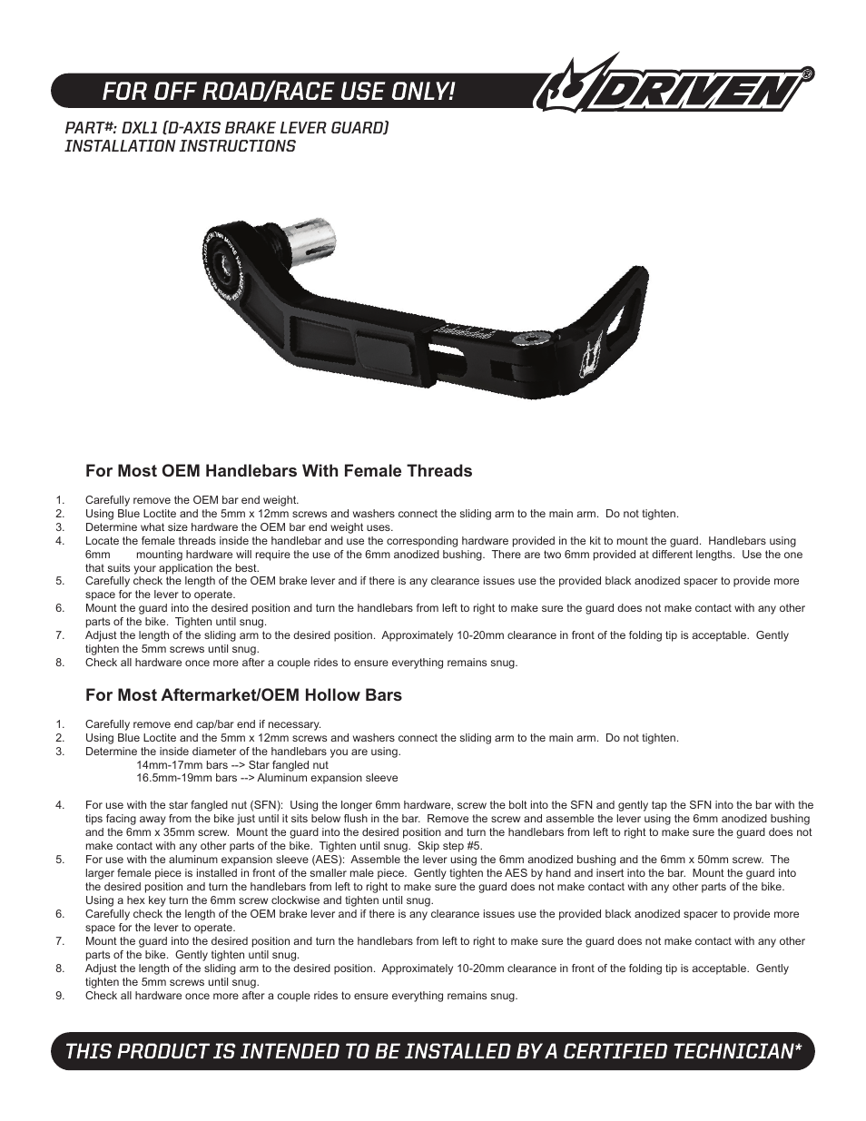 DRIVEN D-AXIS Lever Guard User Manual | 2 pages