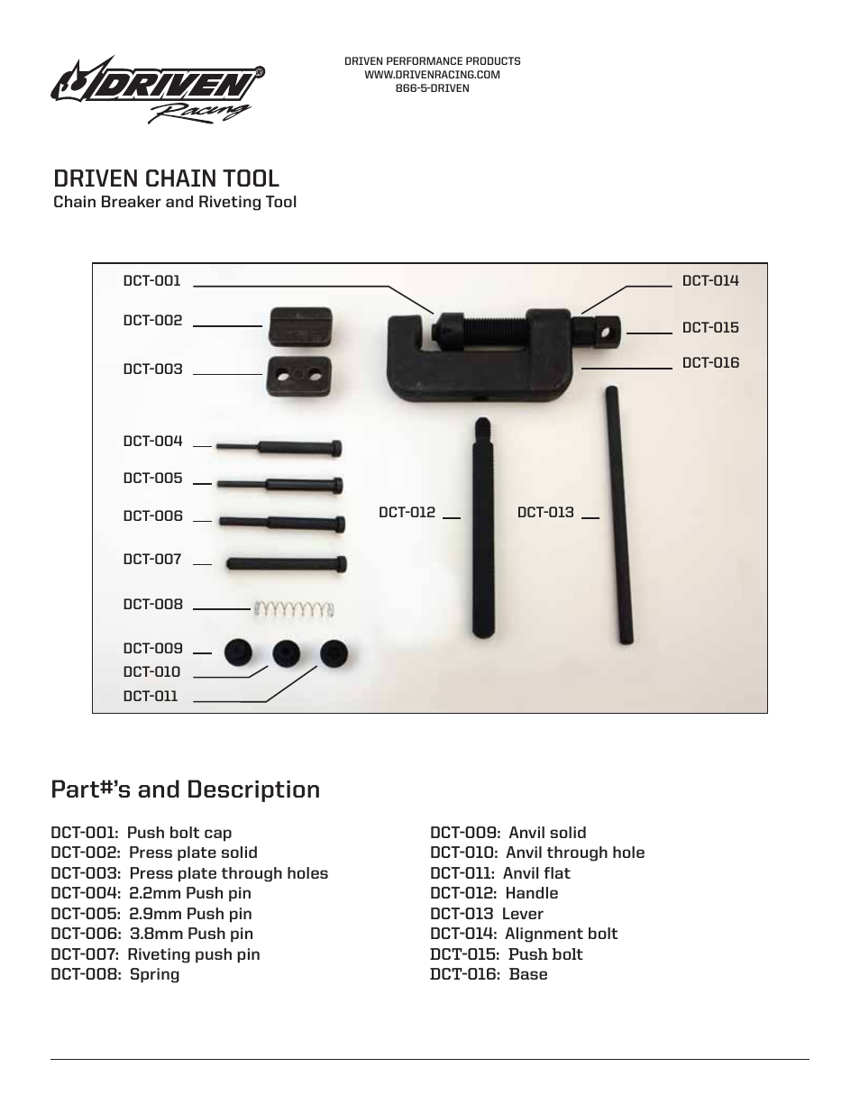 Test-2, Part#’s and description, Driven chain tool | DRIVEN CHAIN TOOL User Manual | Page 2 / 2