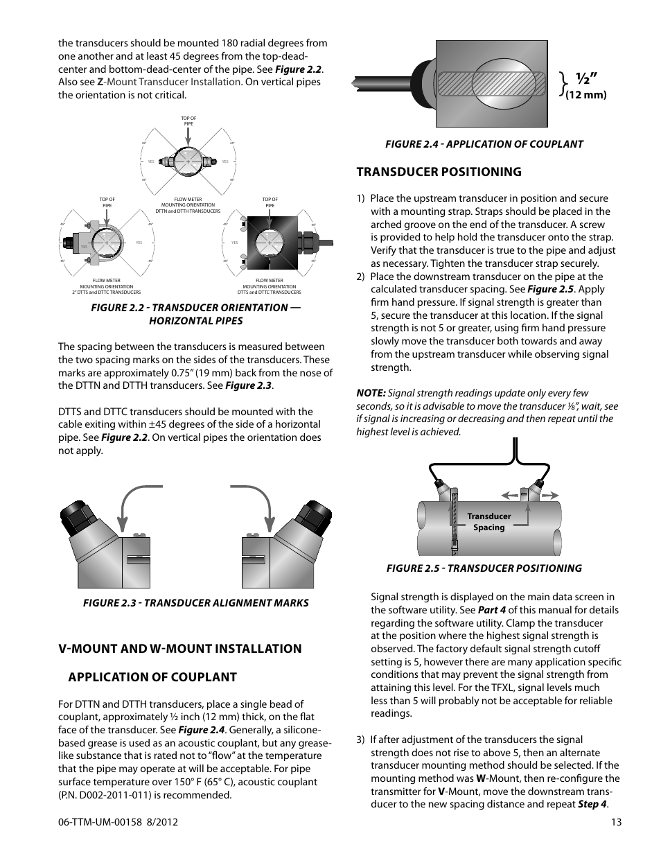 Alignment marks, Transducer positioning, 12 mm) | Figure 2.3 - transducer alignment marks, Figure 2.4 - application of couplant | Dynasonics TFXL Clamp-On Ultrasonic Flow User Manual | Page 13 / 44