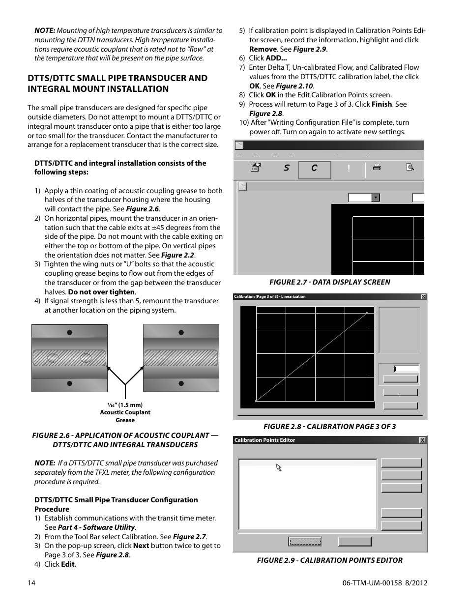 Figure 2.7 - data display screen, Figure 2.8 - calibration page 3 of 3, Figure 2.9 - calibration points editor | Dynasonics TFXL Clamp-On Ultrasonic Flow User Manual | Page 14 / 44