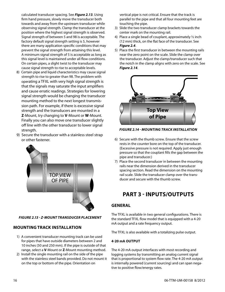 Part 3 - inputs/outputs, Top view of pipe | Dynasonics TFXL Clamp-On Ultrasonic Flow User Manual | Page 16 / 44