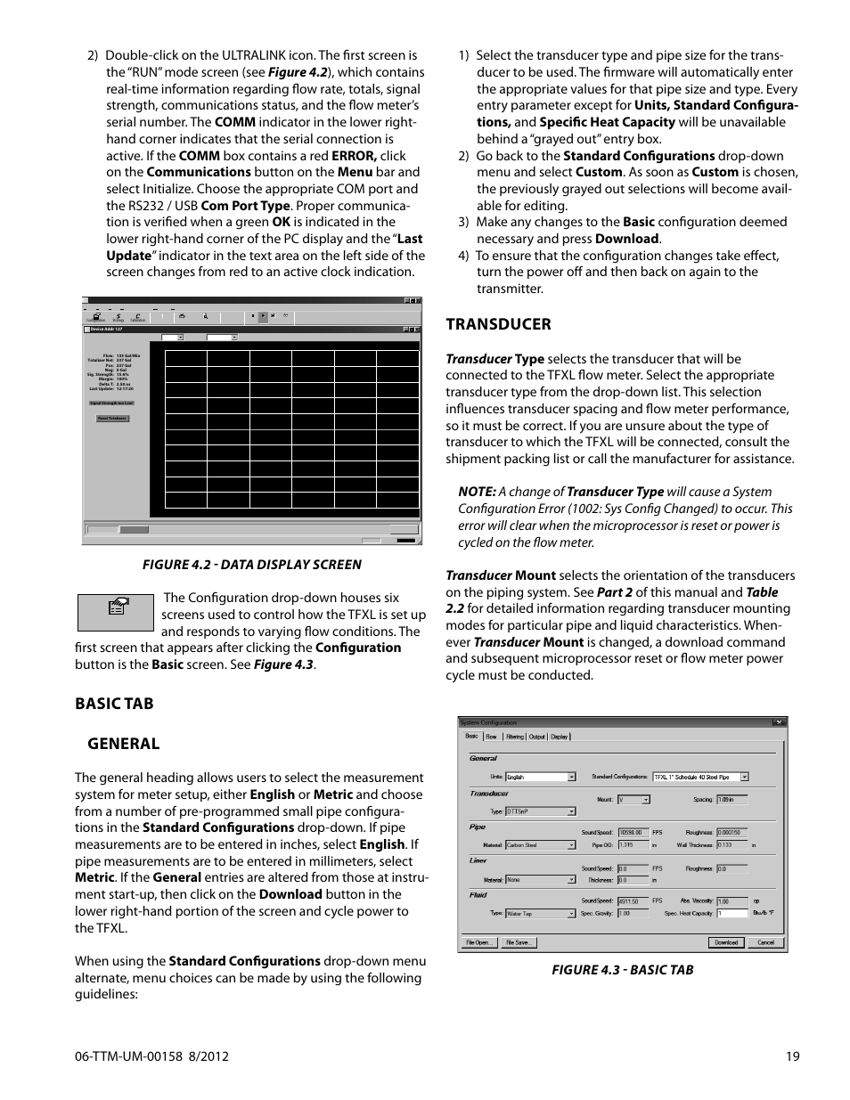 Basic tab general, Transducer, Figure 4.2 - data display screen | Configuration | Dynasonics TFXL Clamp-On Ultrasonic Flow User Manual | Page 19 / 44