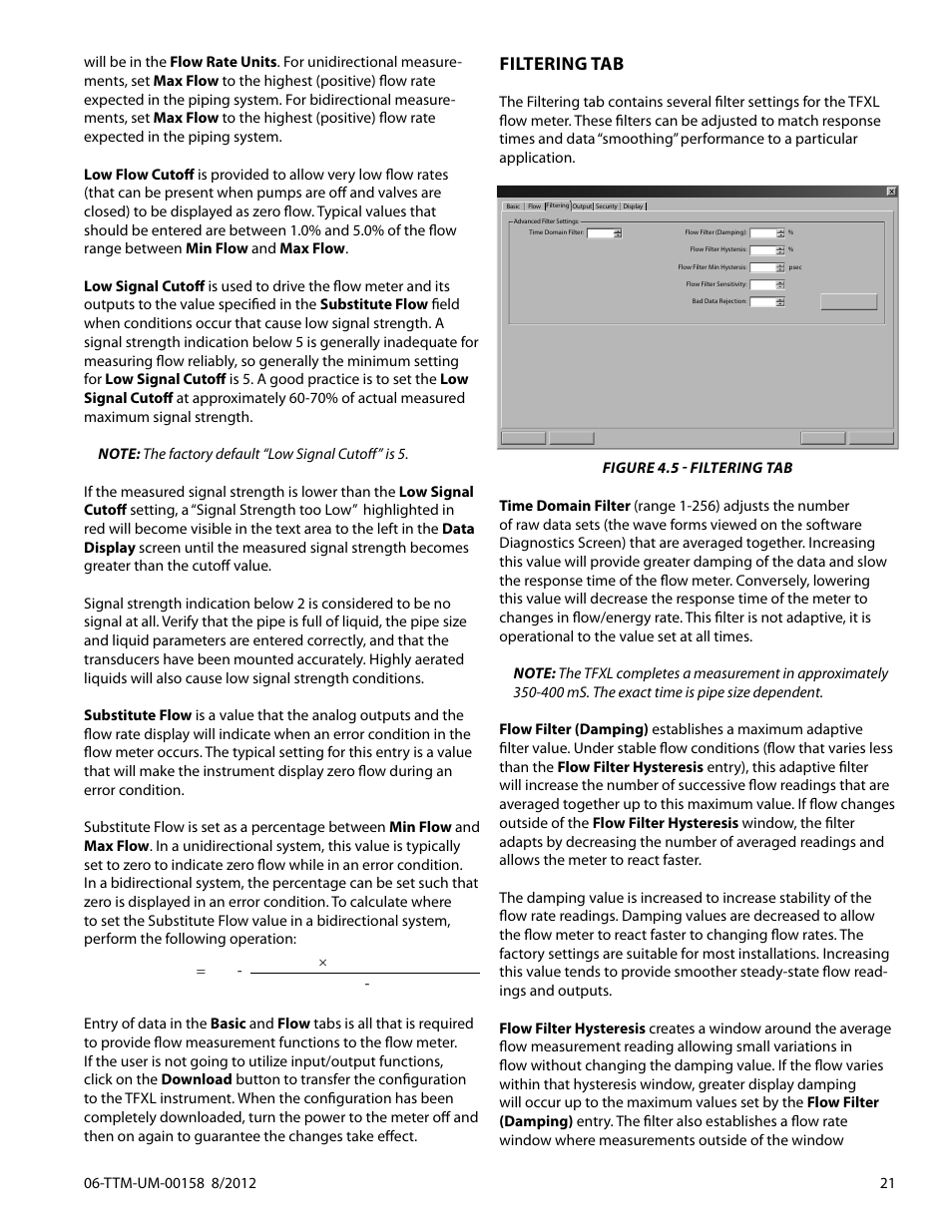 Filtering tab | Dynasonics TFXL Clamp-On Ultrasonic Flow User Manual | Page 21 / 44