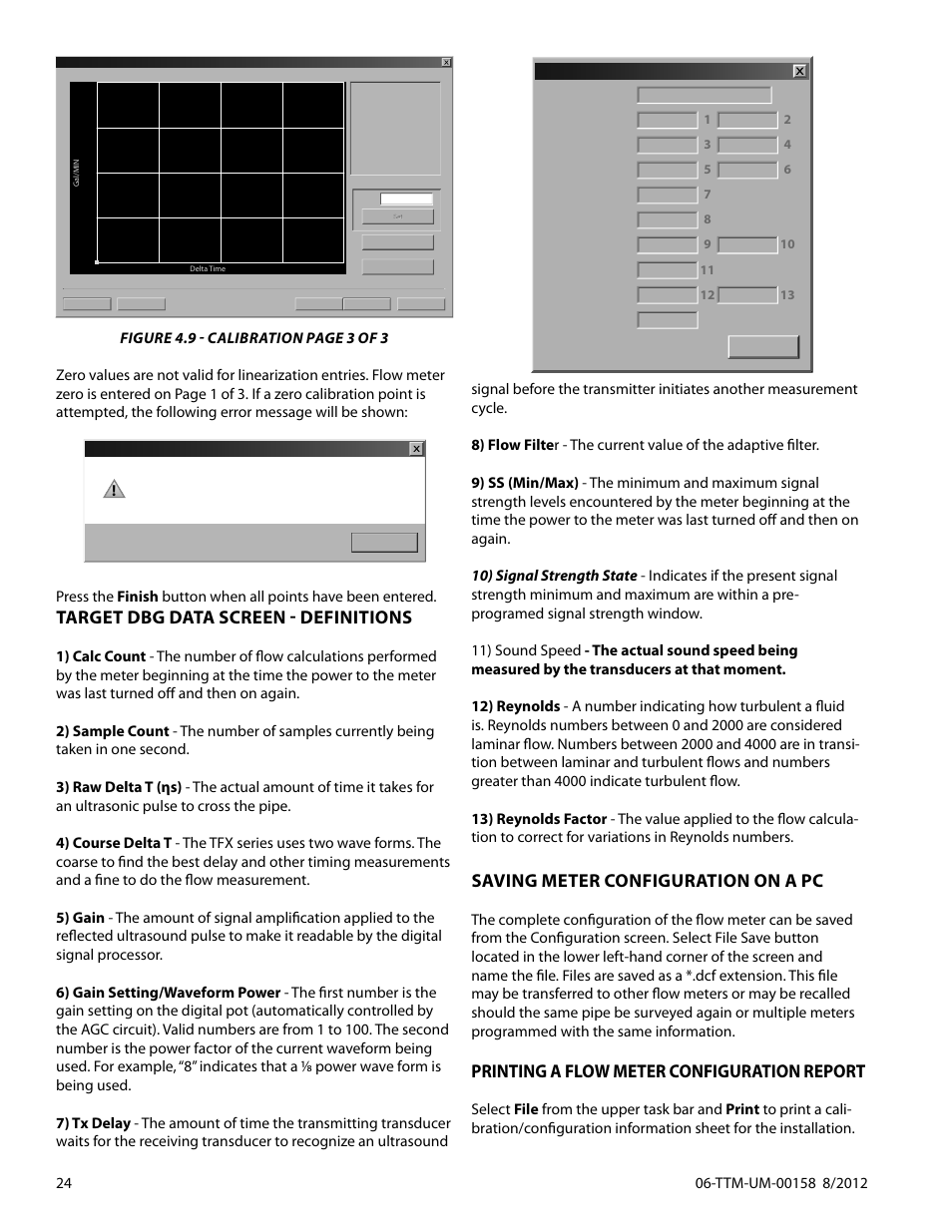 Target dbg data screen - definitions, Saving meter configuration on a pc, Printing a flow meter configuration report | Dynasonics TFXL Clamp-On Ultrasonic Flow User Manual | Page 24 / 44