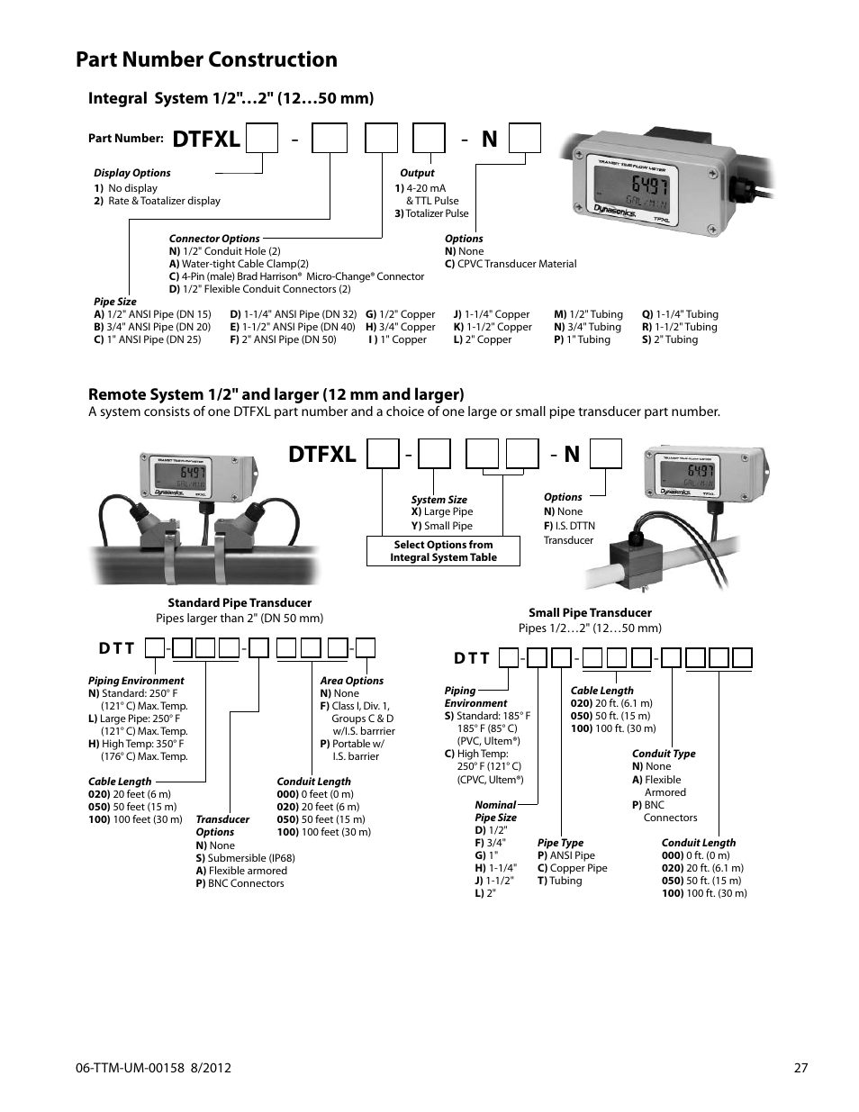 Dtfxl - - n, Part number construction, Remote system 1/2" and larger (12 mm and larger) | D t t | Dynasonics TFXL Clamp-On Ultrasonic Flow User Manual | Page 27 / 44