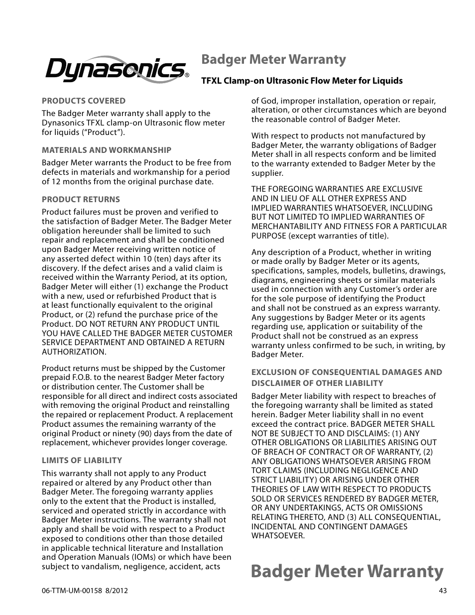 Badger meter warranty | Dynasonics TFXL Clamp-On Ultrasonic Flow User Manual | Page 43 / 44