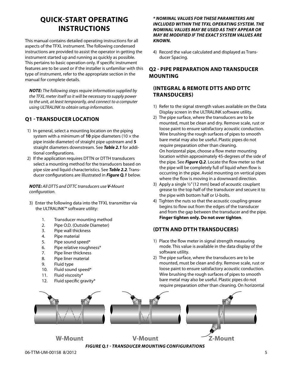 Quick-start operating instructions, W-mount v-mount z-mount | Dynasonics TFXL Clamp-On Ultrasonic Flow User Manual | Page 5 / 44