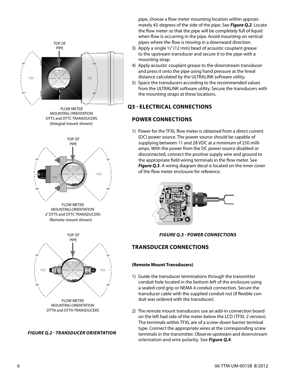 Q3 - electrical connections power connections, Transducer connections | Dynasonics TFXL Clamp-On Ultrasonic Flow User Manual | Page 6 / 44