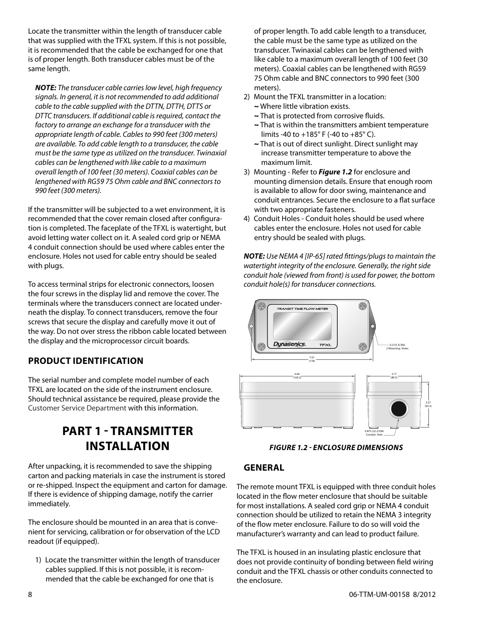 Part 1 - transmitter installation, Product identification, General | Dynasonics TFXL Clamp-On Ultrasonic Flow User Manual | Page 8 / 44