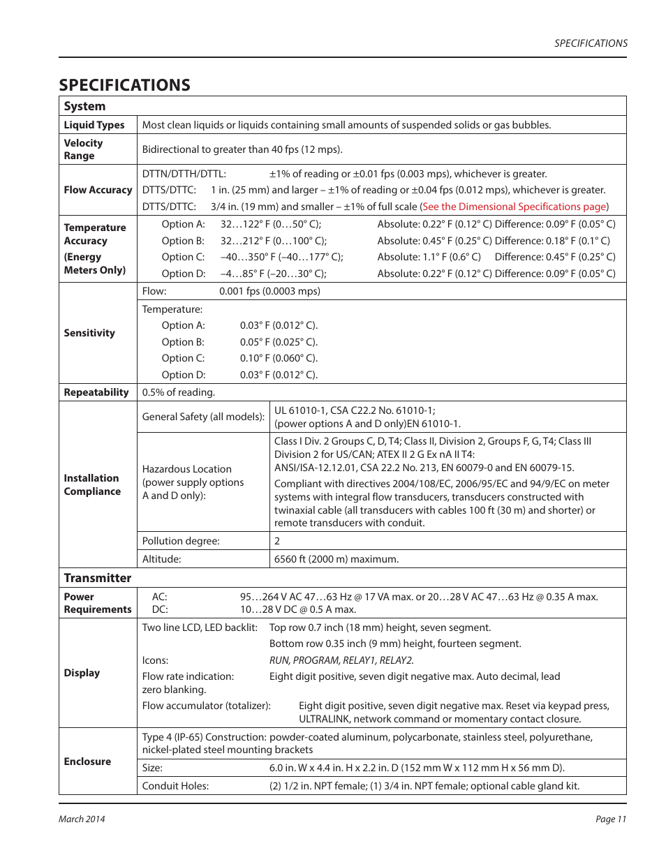 Specifications | Dynasonics TFX Ultra Transit Time Flow Meters User Manual | Page 11 / 108