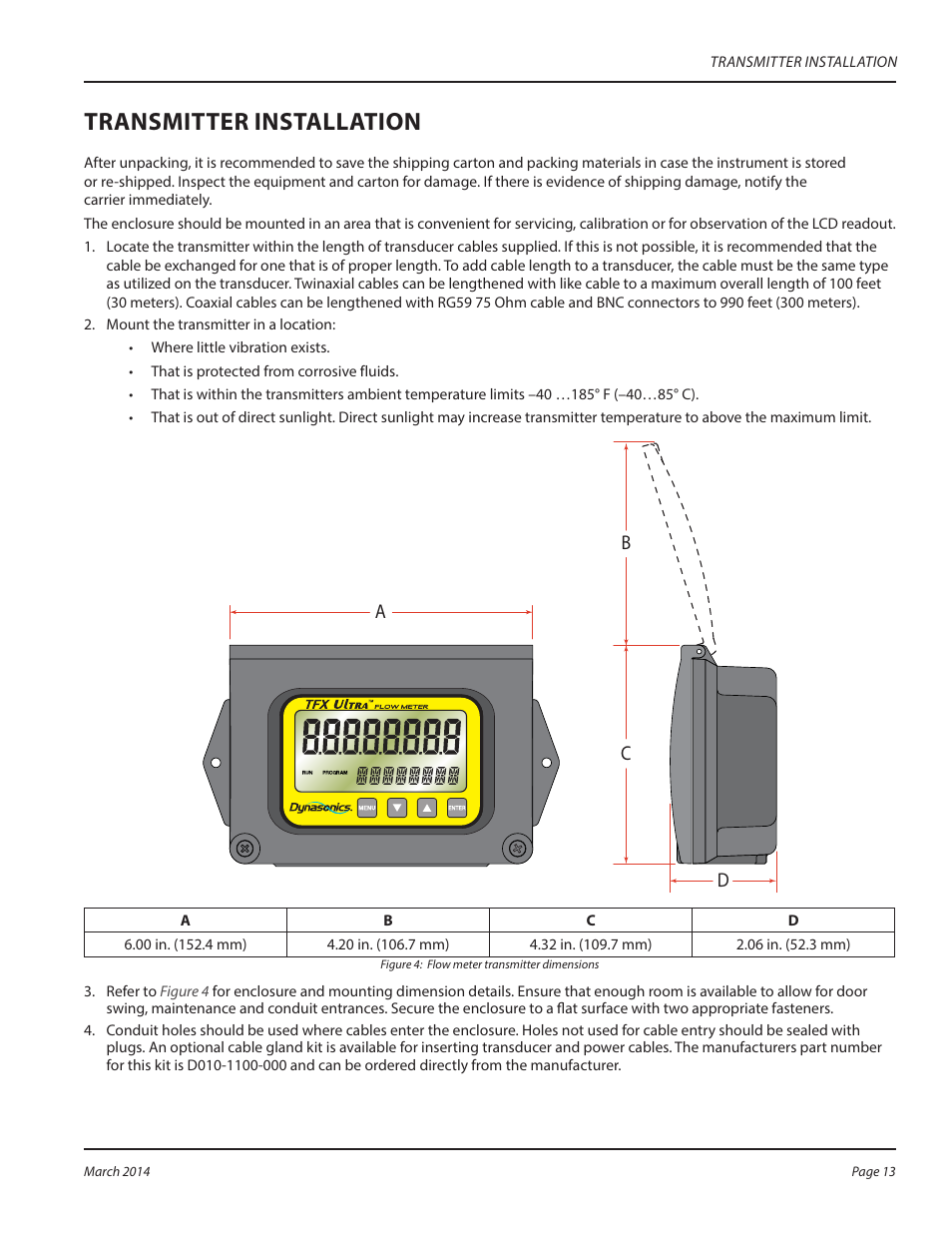 Transmitter installation | Dynasonics TFX Ultra Transit Time Flow Meters User Manual | Page 13 / 108