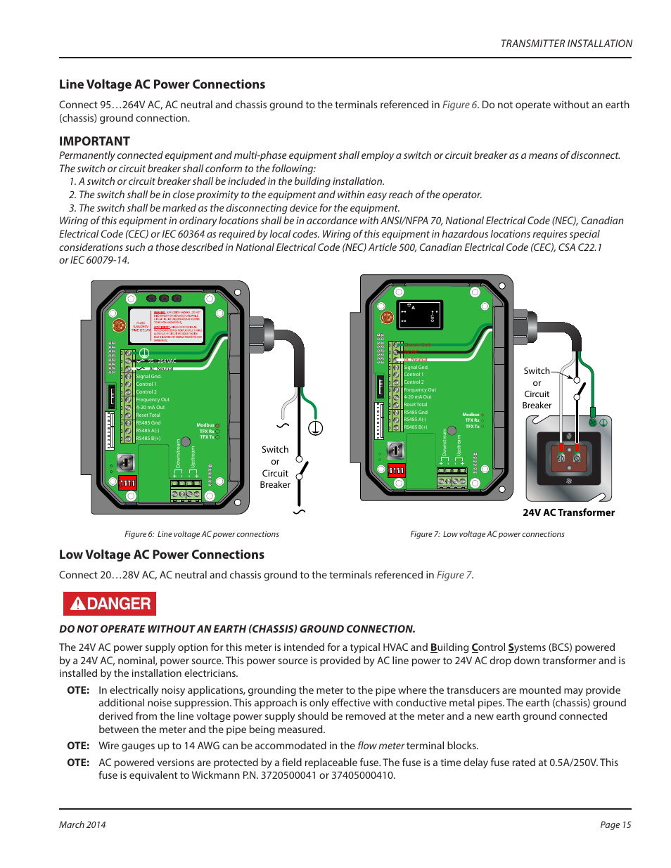Danger, Line voltage ac power connections, Mportant i | Low voltage ac power connections, Rc u s, Product service, 24v ac transformer, Switch or circuit breaker | Dynasonics TFX Ultra Transit Time Flow Meters User Manual | Page 15 / 108