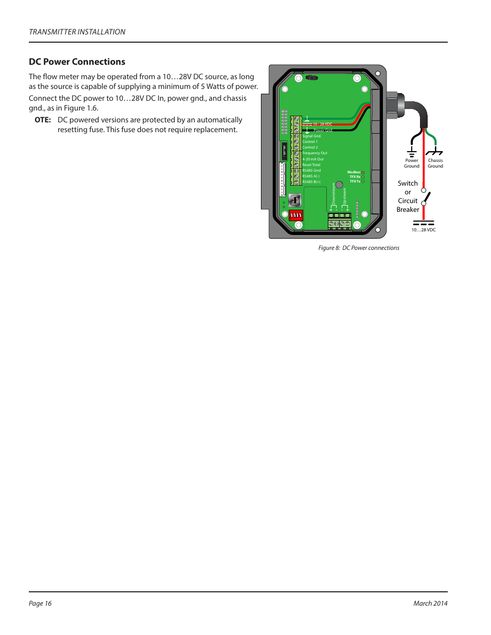 Dc power connections, Transmitter installation, Switch or circuit breaker | Dynasonics TFX Ultra Transit Time Flow Meters User Manual | Page 16 / 108