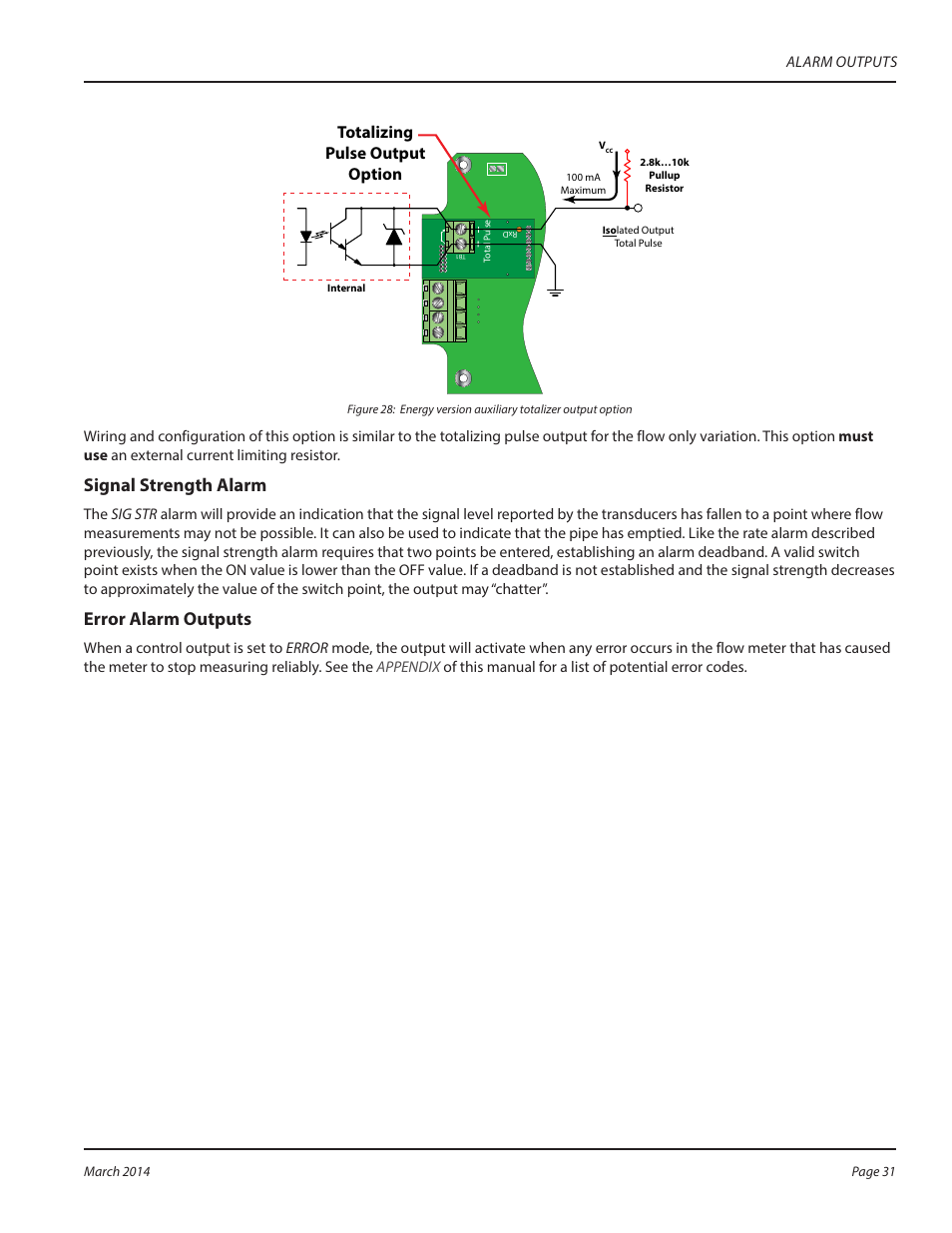 Signal strength alarm, Error alarm outputs, Totalizing pulse output option | Dynasonics TFX Ultra Transit Time Flow Meters User Manual | Page 31 / 108