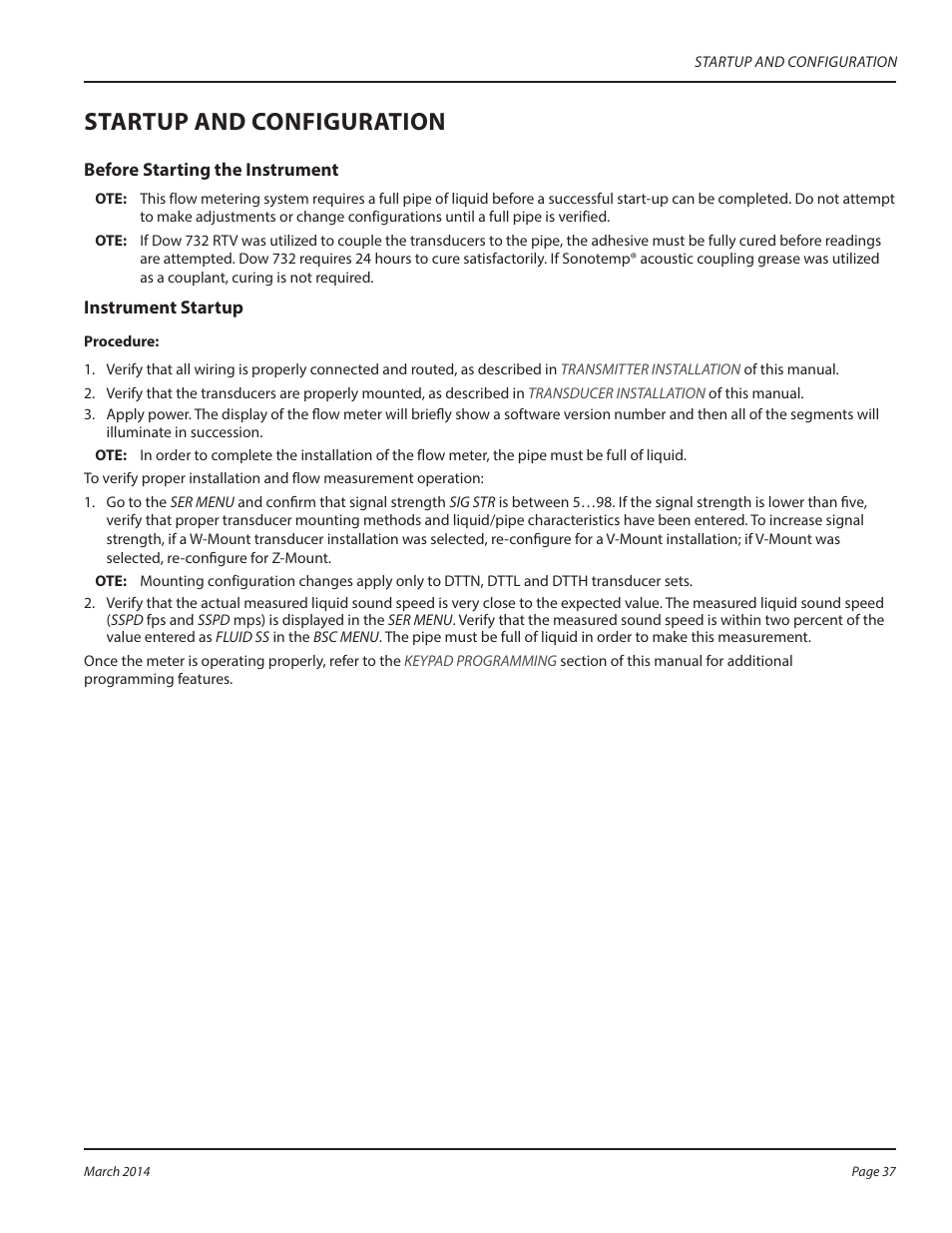 Startup and configuration | Dynasonics TFX Ultra Transit Time Flow Meters User Manual | Page 37 / 108