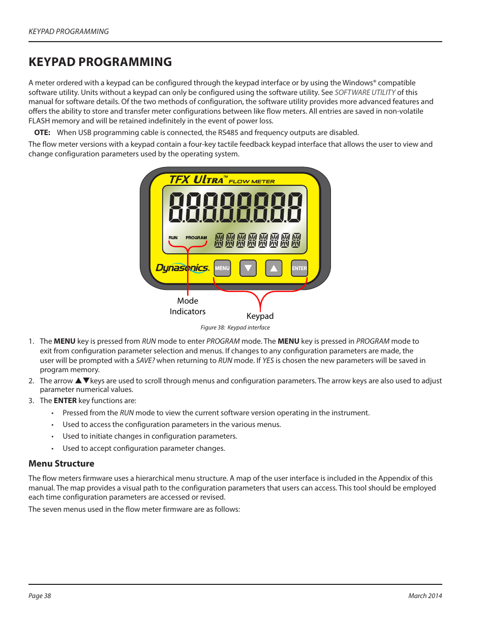 Keypad programming | Dynasonics TFX Ultra Transit Time Flow Meters User Manual | Page 38 / 108