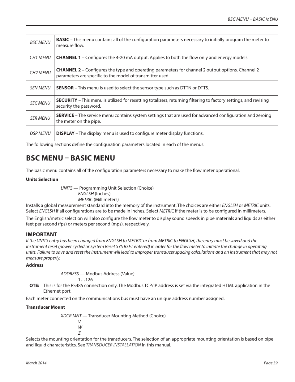 Bsc menu – basic menu | Dynasonics TFX Ultra Transit Time Flow Meters User Manual | Page 39 / 108