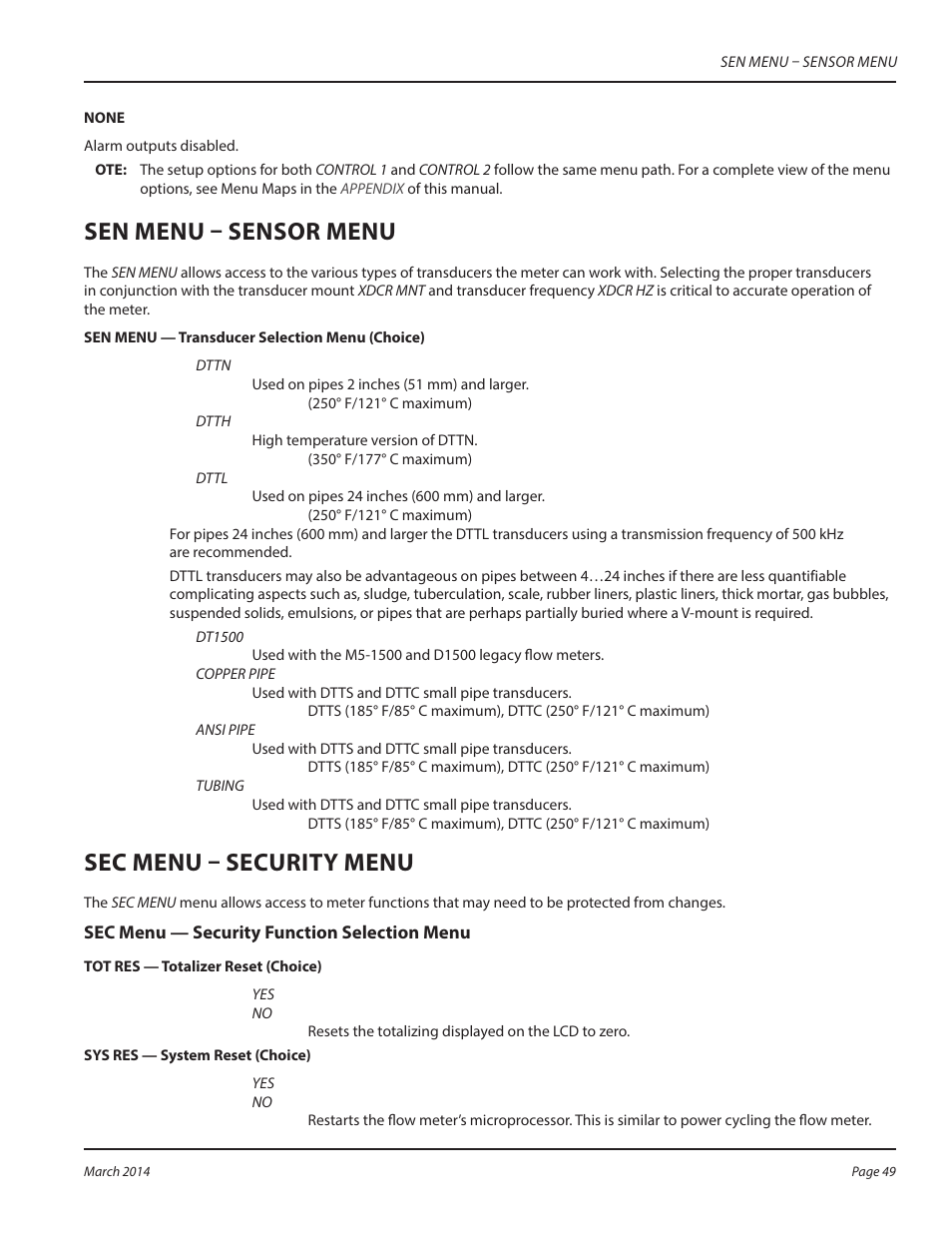 Sen menu – sensor menu, Sec menu – security menu | Dynasonics TFX Ultra Transit Time Flow Meters User Manual | Page 49 / 108