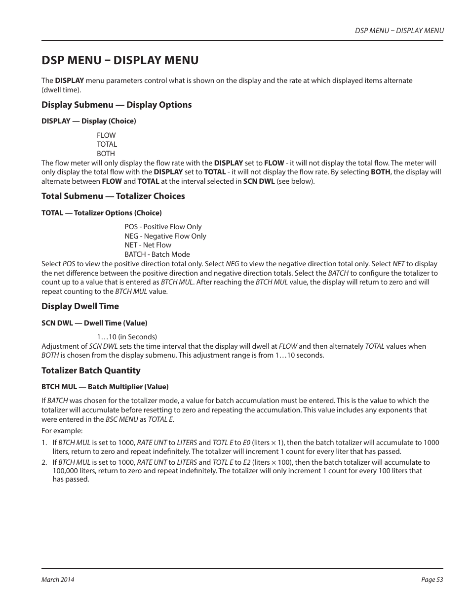 Dsp menu – display menu | Dynasonics TFX Ultra Transit Time Flow Meters User Manual | Page 53 / 108