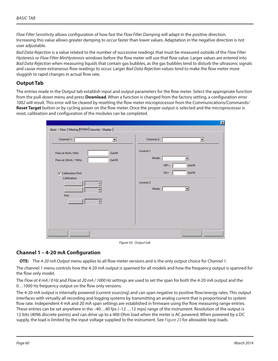 Output tab, Channel 1 – 4-20 ma configuration | Dynasonics TFX Ultra Transit Time Flow Meters User Manual | Page 60 / 108