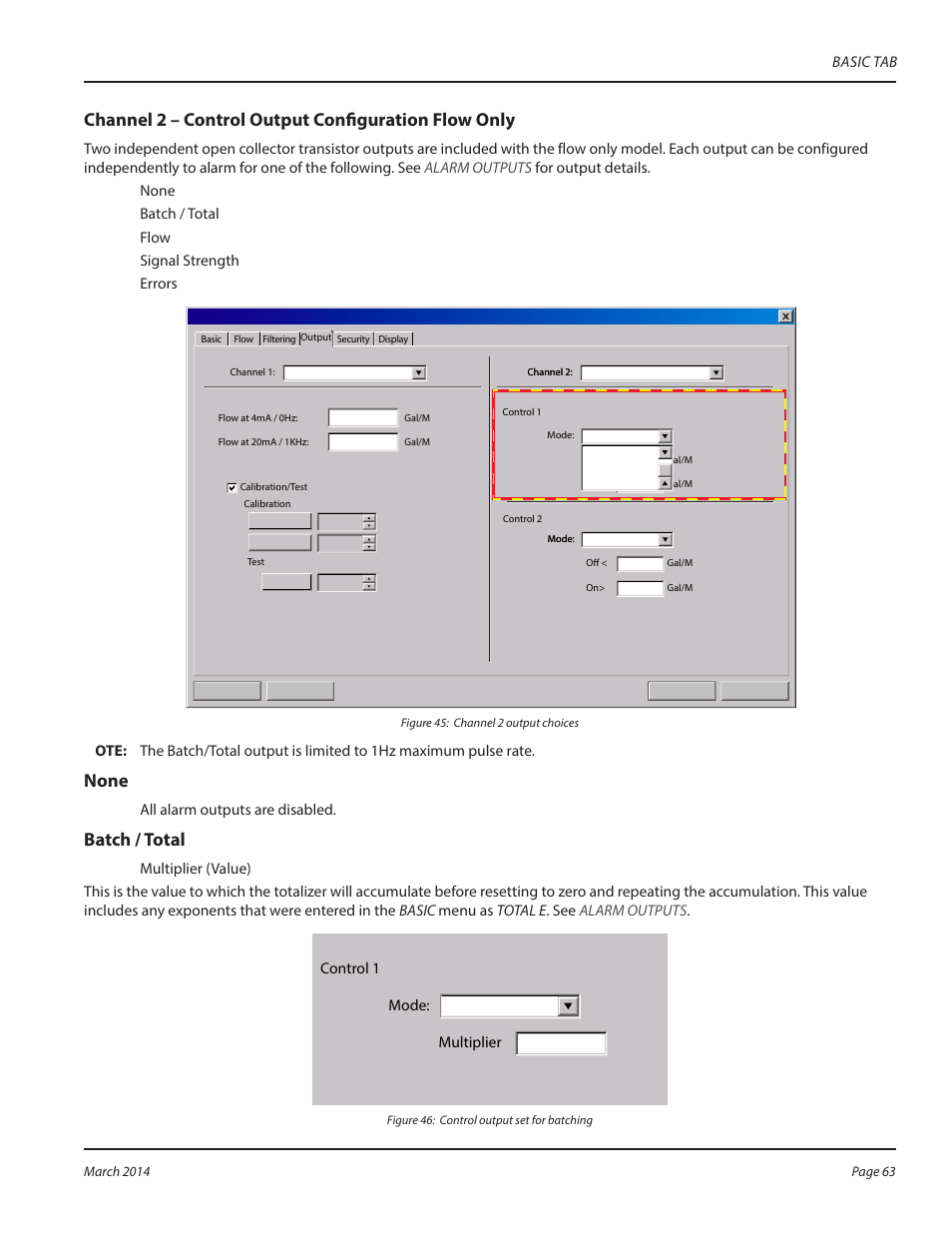Channel 2 – control output configuration flow only, None, Batch / total | All alarm outputs are disabled, Multiplier mode, Control 1, Basic tab | Dynasonics TFX Ultra Transit Time Flow Meters User Manual | Page 63 / 108