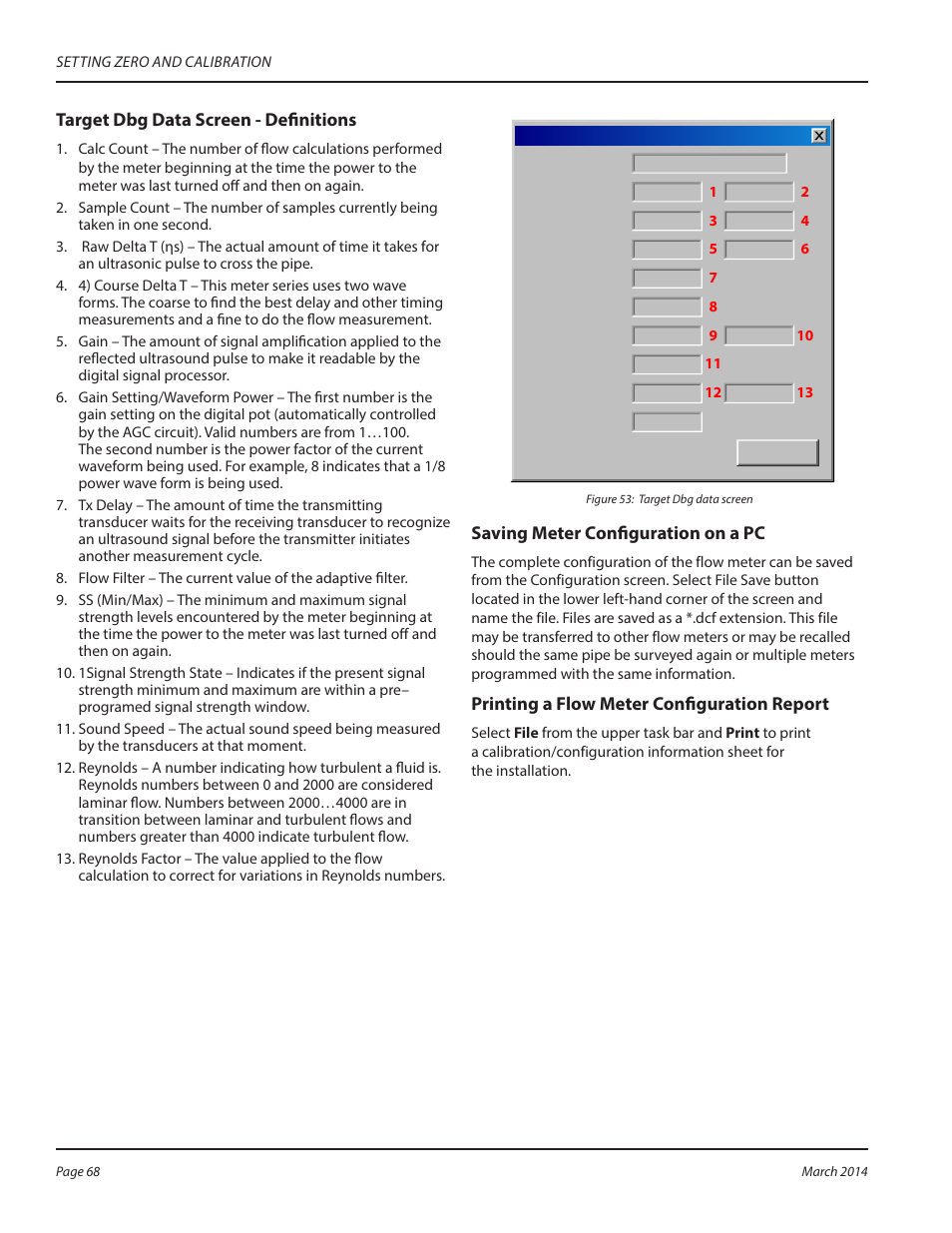 Target dbg data screen - definitions, Saving meter configuration on a pc, Printing a flow meter configuration report | Dynasonics TFX Ultra Transit Time Flow Meters User Manual | Page 68 / 108