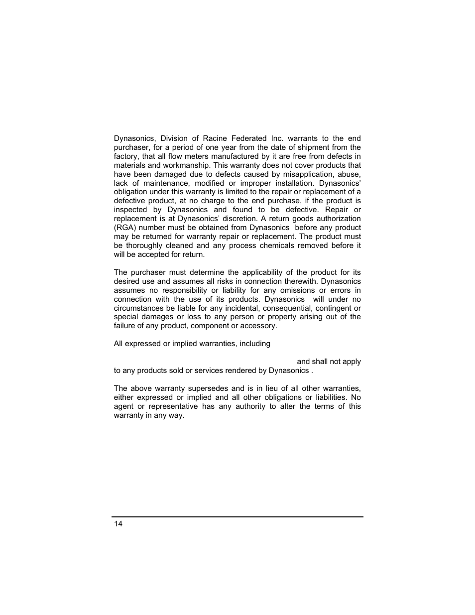 Statement of warranty | Dynasonics UFX ULTRASONIC FLOW METER User Manual | Page 14 / 16