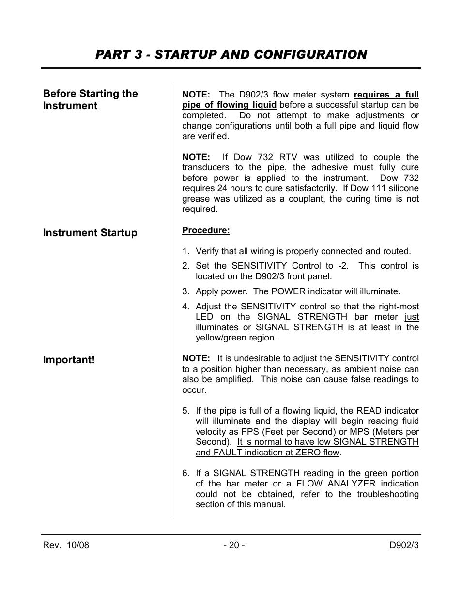Part 3 - startup and configuration | Dynasonics 902_903 Series Portable Doppler Ultrasonic Flow Meter User Manual | Page 22 / 48