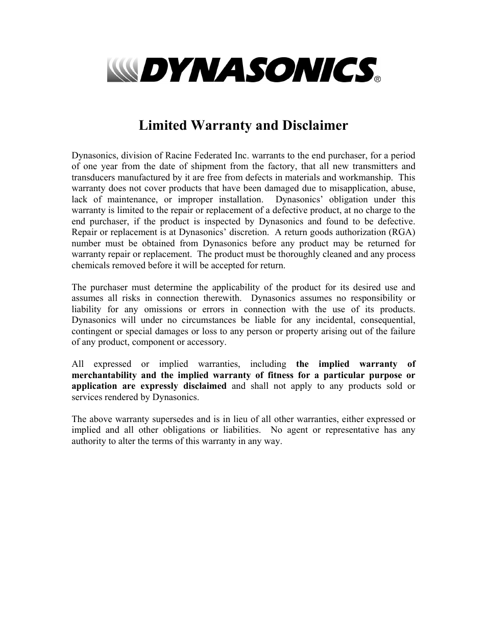 Limited warranty and disclaimer | Dynasonics 902_903 Series Portable Doppler Ultrasonic Flow Meter User Manual | Page 44 / 48