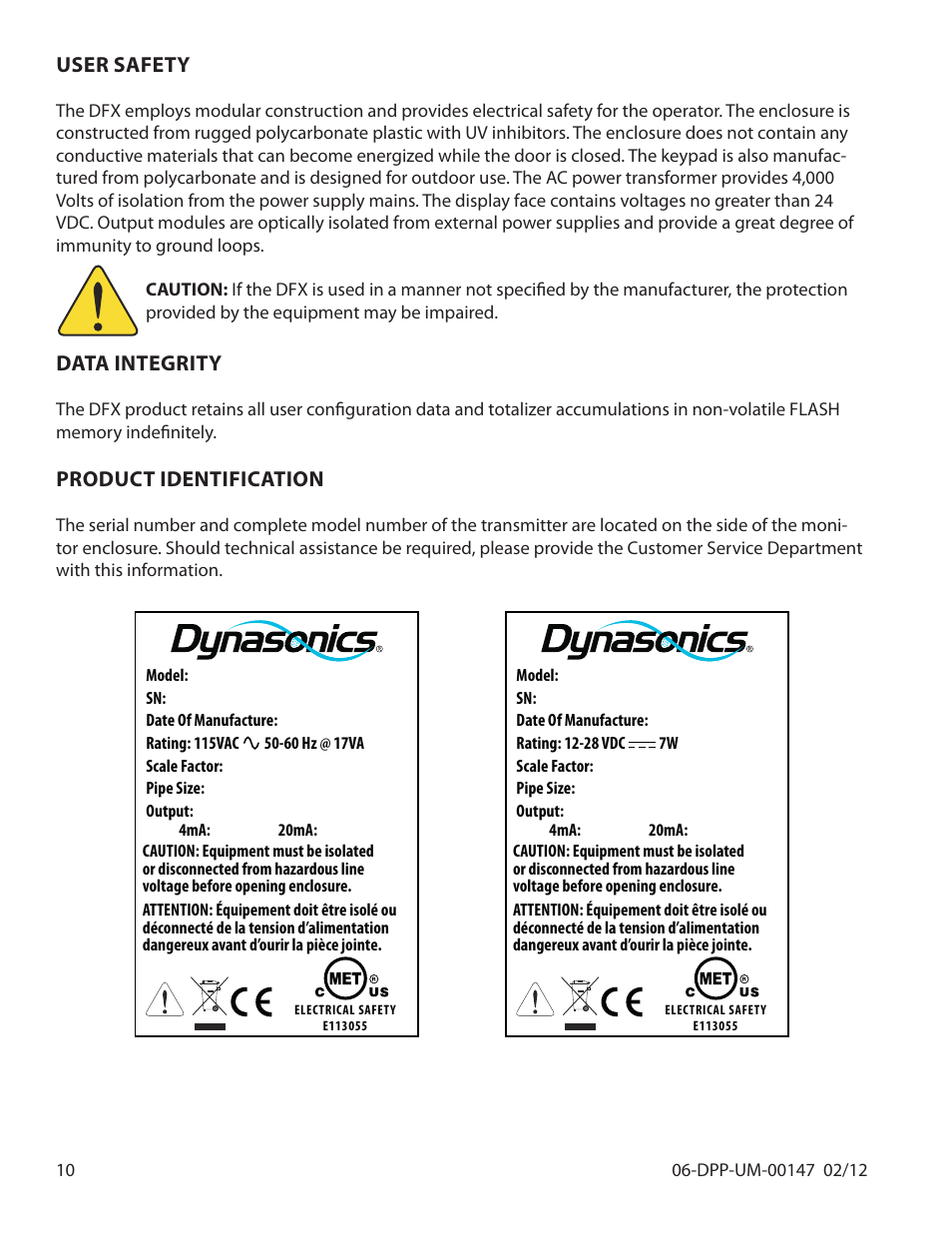 User safety, Data integrity, Product identification | Dynasonics DDFXD Doppler Ultrasonic Flow Meter User Manual | Page 10 / 65