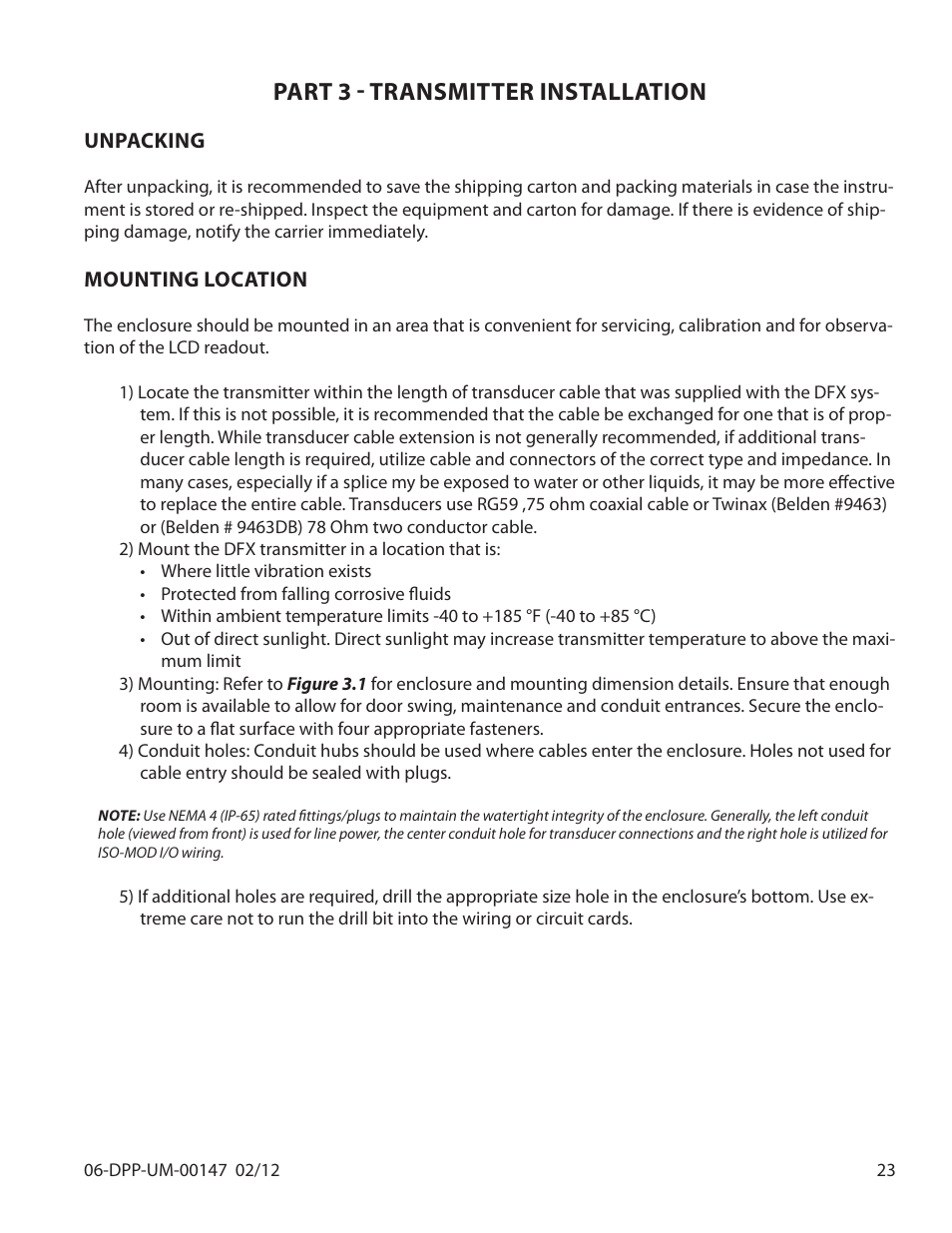 Part 3 - transmitter installation | Dynasonics DDFXD Doppler Ultrasonic Flow Meter User Manual | Page 23 / 65